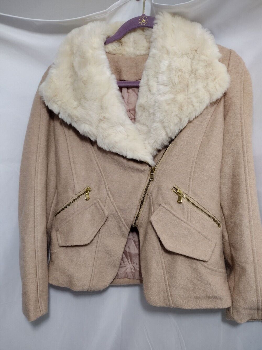 Womens Coat Jacket Blush Lined Asymmetrical Faux Fur Nipped Waist Front Pockets
